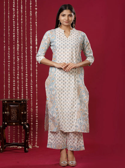 Viscose Rayon Mandarin Collar 3/4 Sleeve Printed Kurta Set
