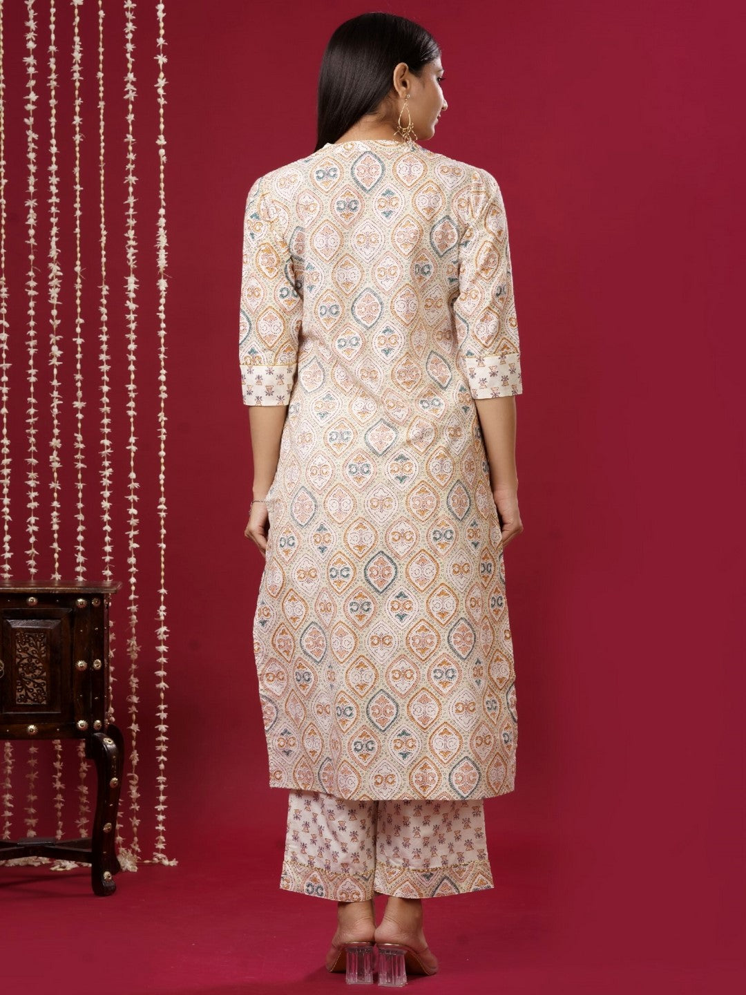 Viscose Rayon Mandarin Collar 3/4 Sleeve Printed Kurta Set