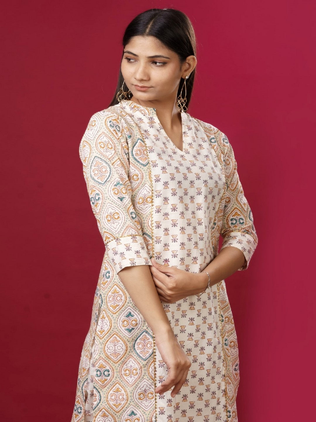 Viscose Rayon Mandarin Collar 3/4 Sleeve Printed Kurta Set