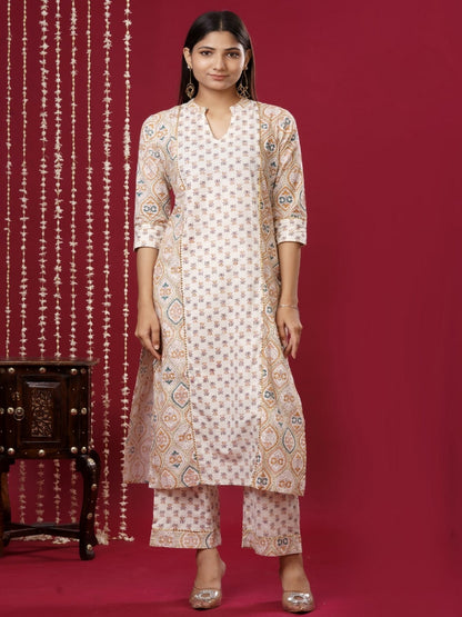 Viscose Rayon Mandarin Collar 3/4 Sleeve Printed Kurta Set