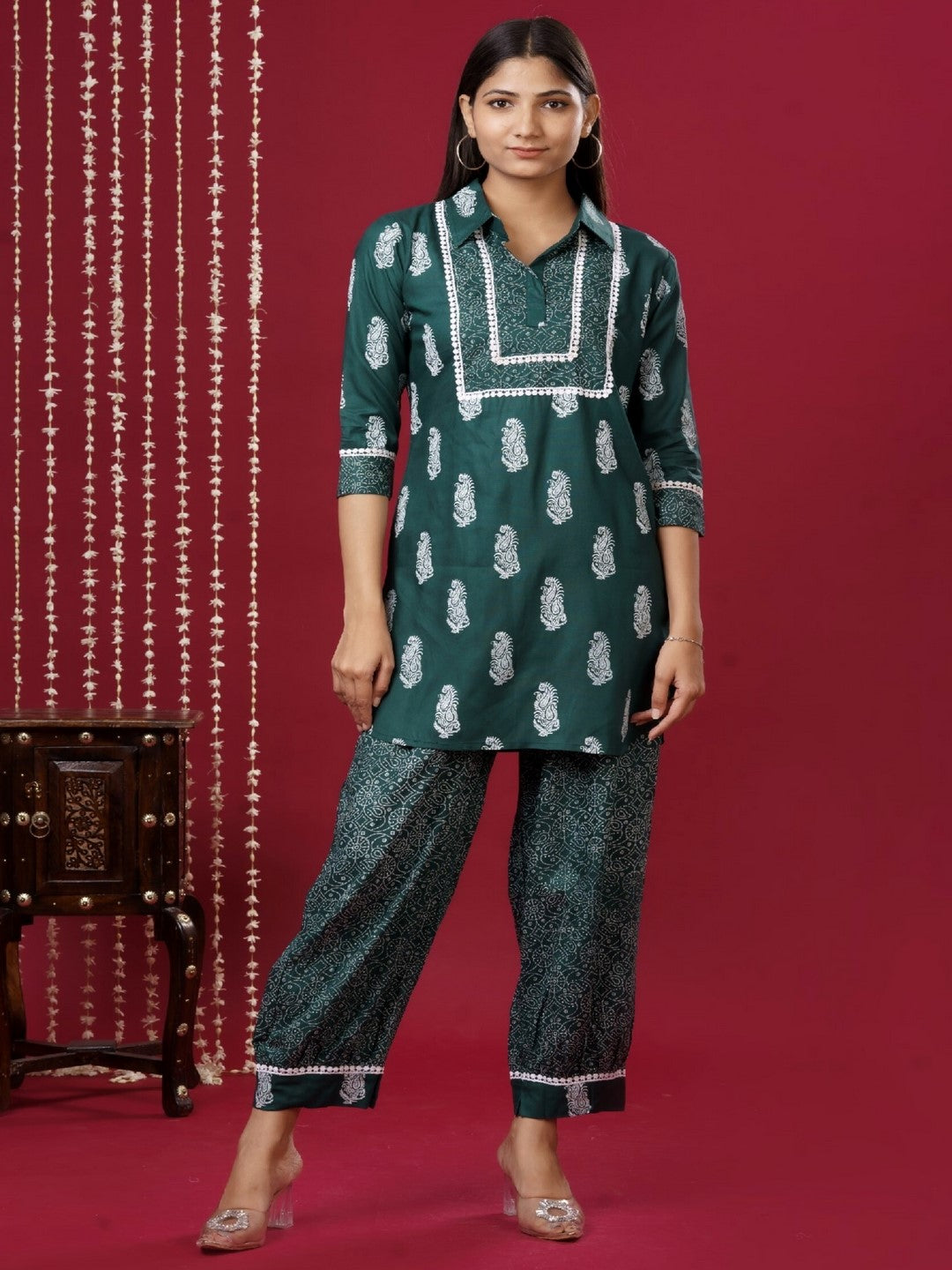 Viscose Rayon Collared Neck 3/4 Sleeve Printed Kurta Set