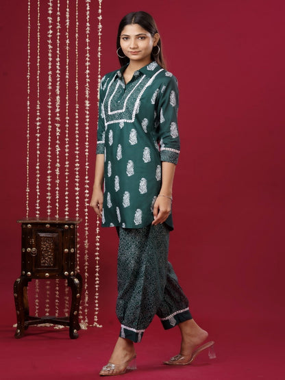 Viscose Rayon Collared Neck 3/4 Sleeve Printed Kurta Set