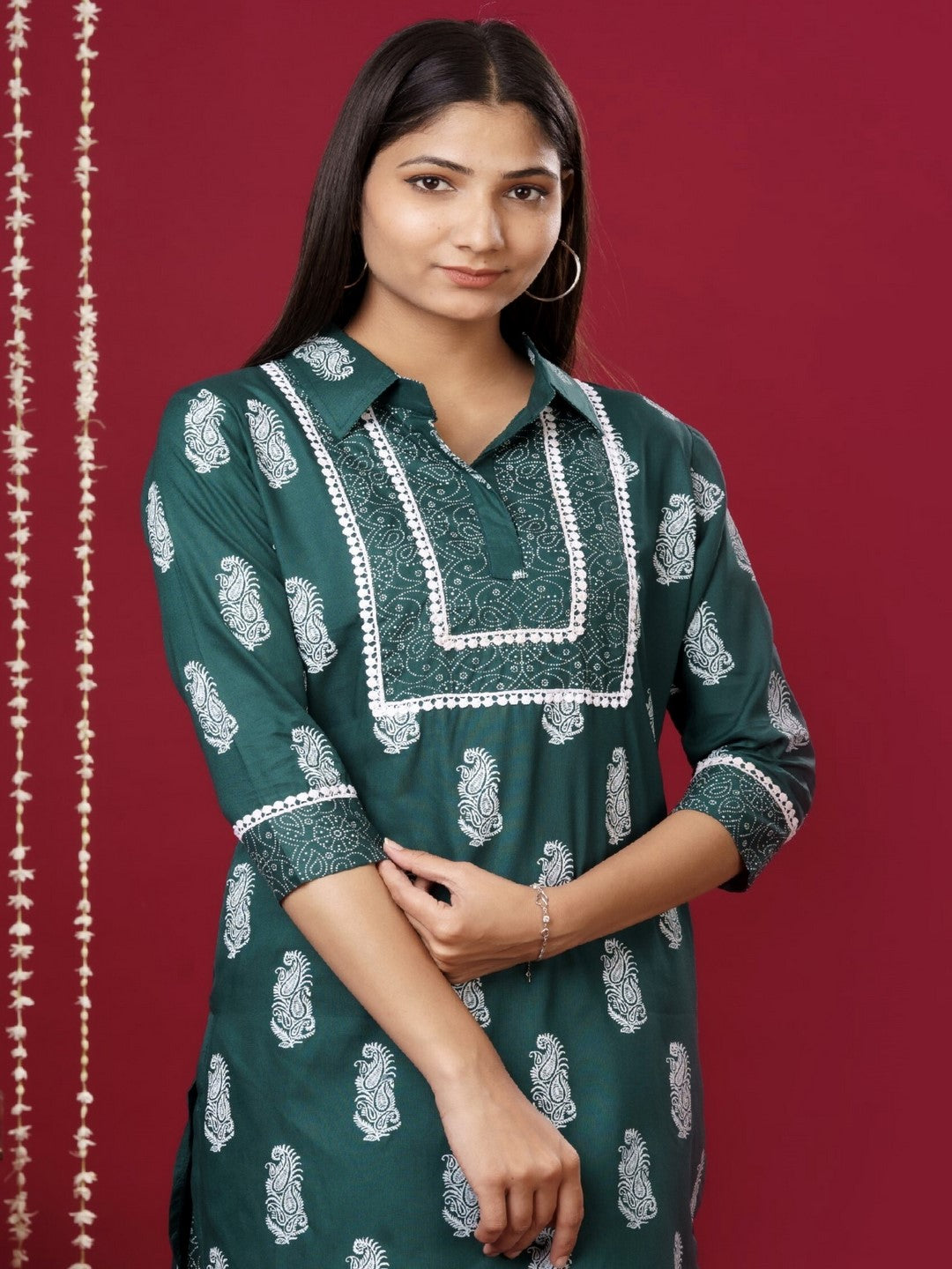 Viscose Rayon Collared Neck 3/4 Sleeve Printed Kurta Set