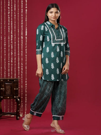 Viscose Rayon Collared Neck 3/4 Sleeve Printed Kurta Set