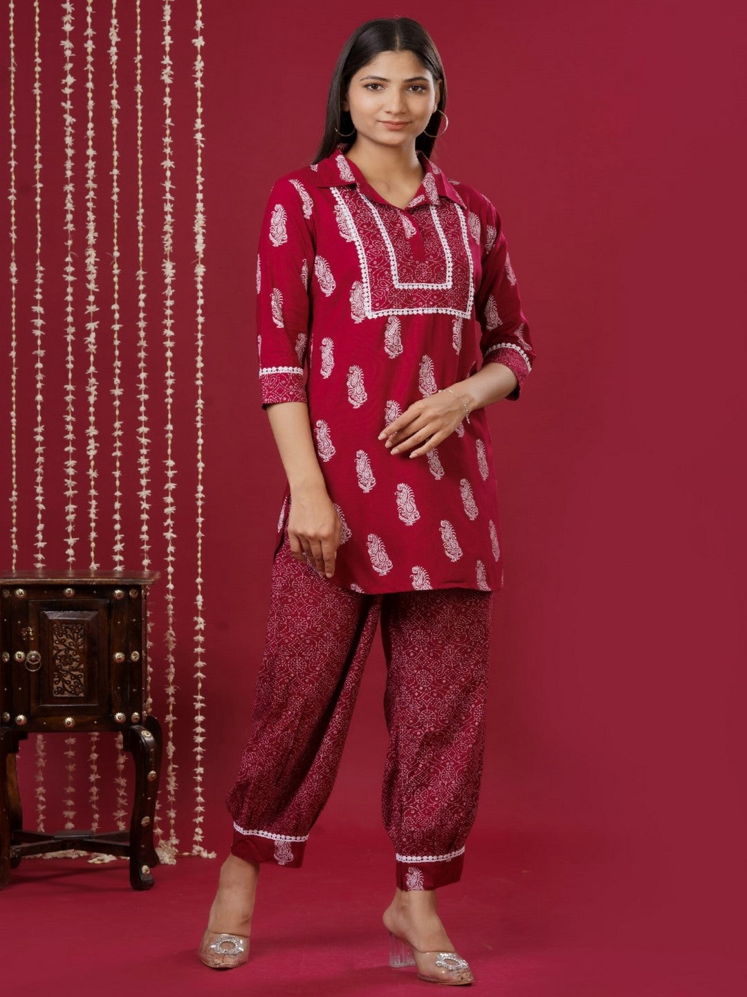 Viscose Rayon Collared Neck 3/4 Sleeve Printed Kurta Set