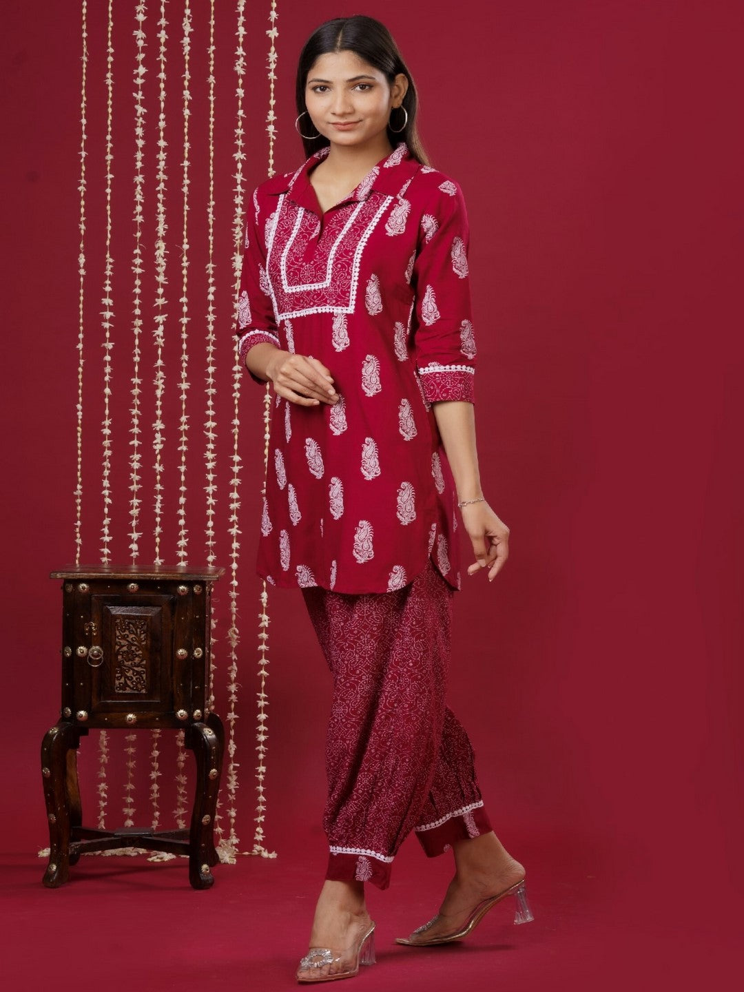 Viscose Rayon Collared Neck 3/4 Sleeve Printed Kurta Set