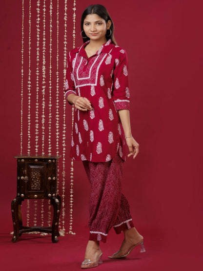 Viscose Rayon Collared Neck 3/4 Sleeve Printed Kurta Set
