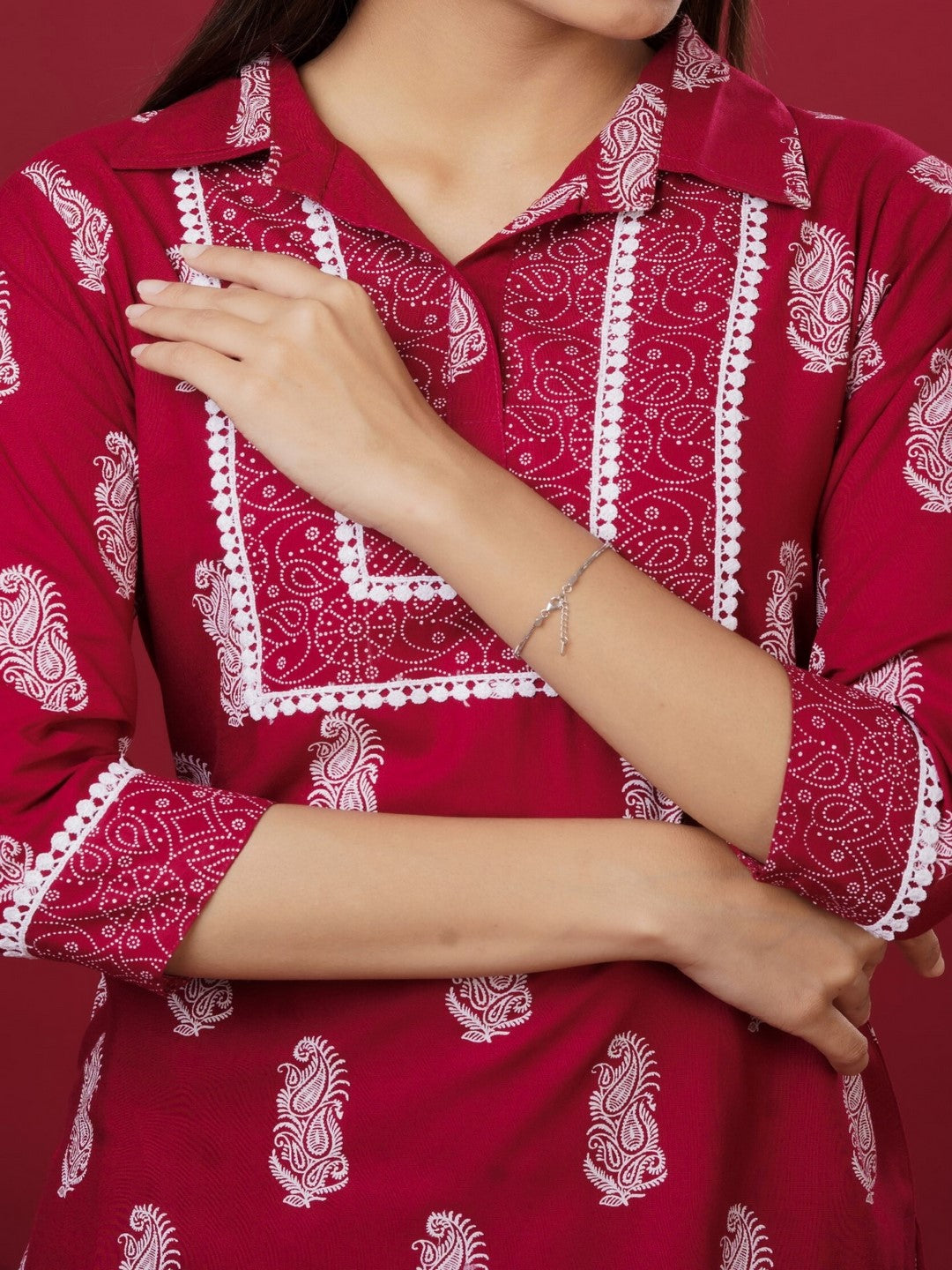 Viscose Rayon Collared Neck 3/4 Sleeve Printed Kurta Set