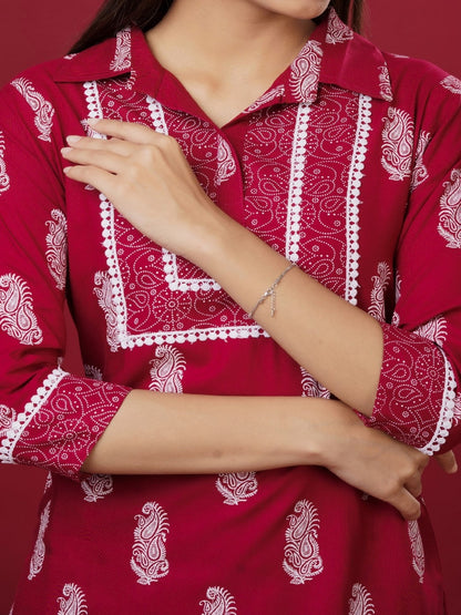 Viscose Rayon Collared Neck 3/4 Sleeve Printed Kurta Set