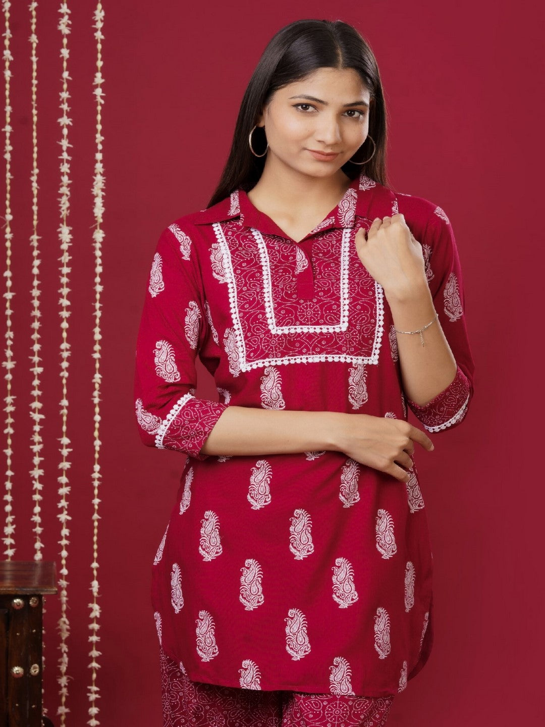 Viscose Rayon Collared Neck 3/4 Sleeve Printed Kurta Set