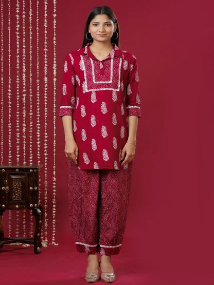 Viscose Rayon Collared Neck 3/4 Sleeve Printed Kurta Set