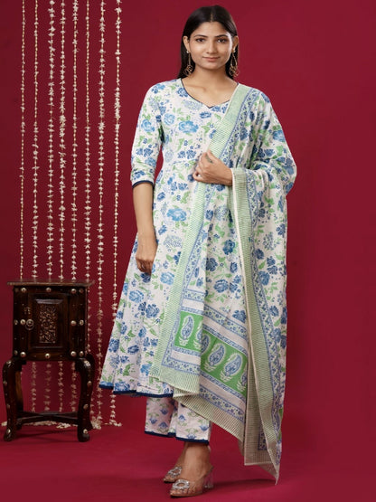 Pure Cotton V Neck 3/4 Sleeve Printed Kurta Set With Dupatta