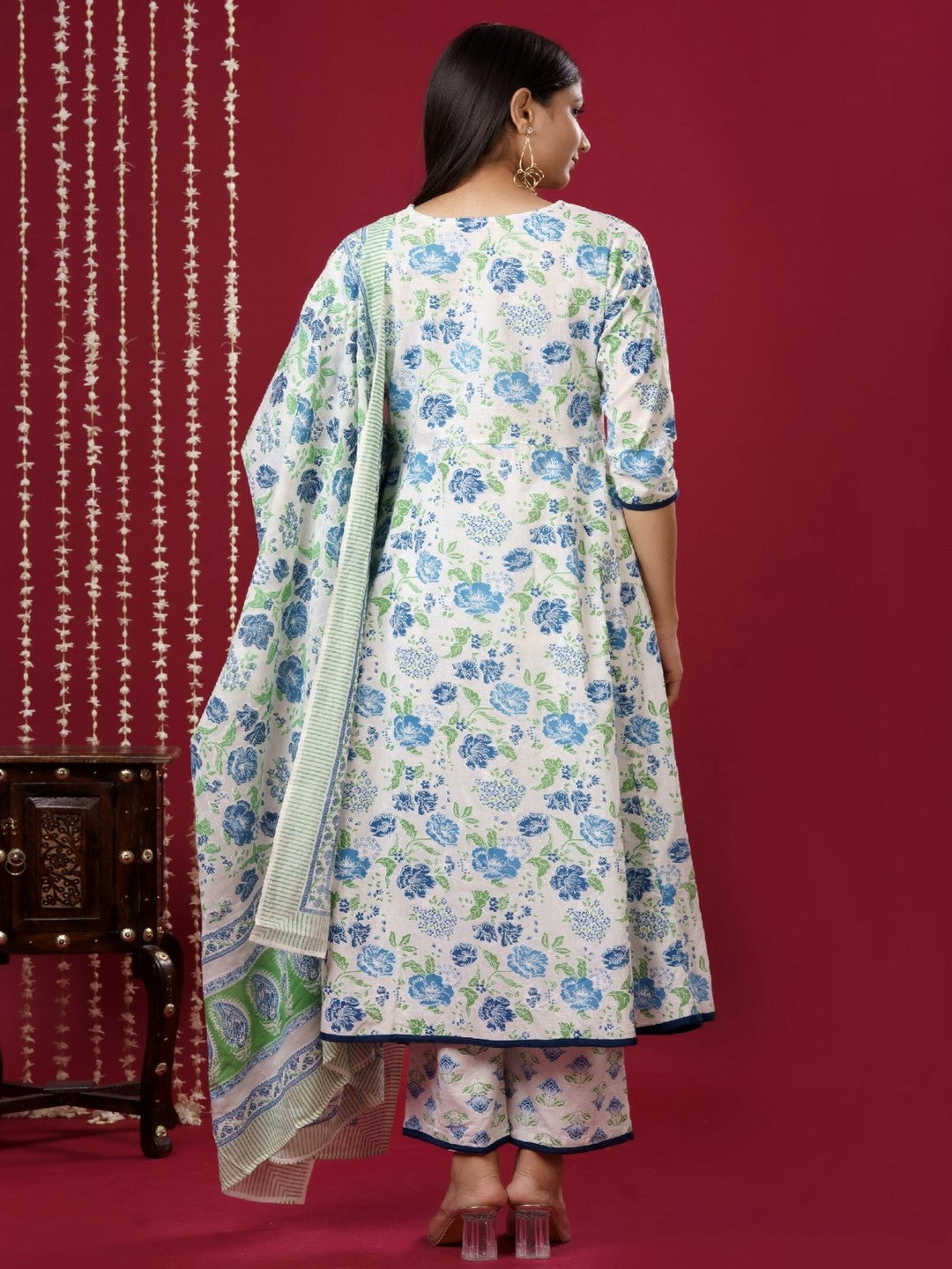 Pure Cotton V Neck 3/4 Sleeve Printed Kurta Set With Dupatta