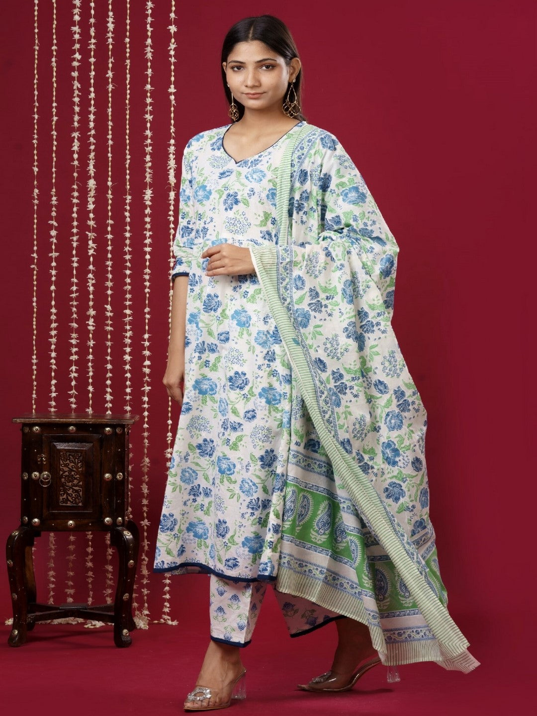 Pure Cotton V Neck 3/4 Sleeve Printed Kurta Set With Dupatta