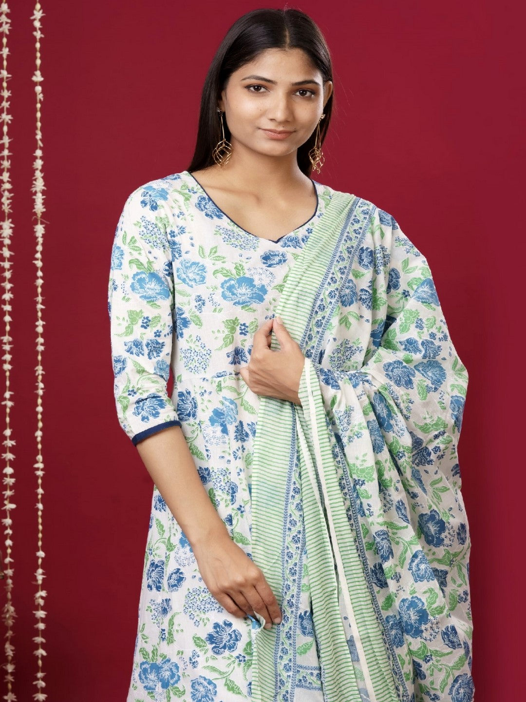 Pure Cotton V Neck 3/4 Sleeve Printed Kurta Set With Dupatta
