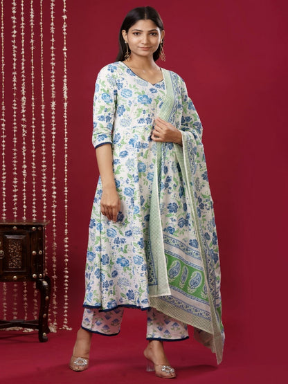 Pure Cotton V Neck 3/4 Sleeve Printed Kurta Set With Dupatta