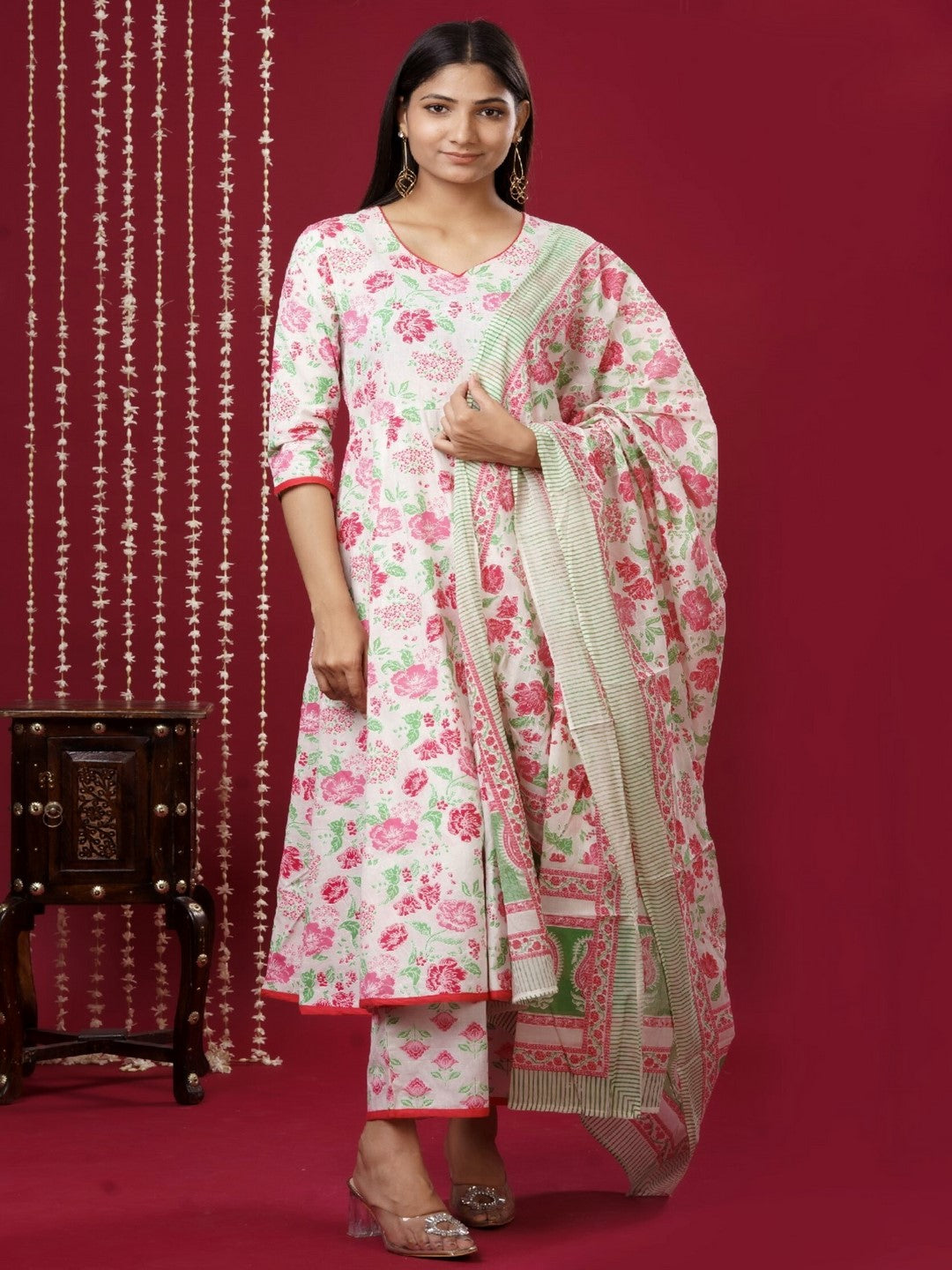 Pure Cotton V Neck 3/4 Sleeve Printed Kurta Set With Dupatta