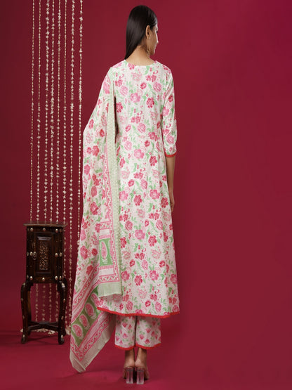 Pure Cotton V Neck 3/4 Sleeve Printed Kurta Set With Dupatta