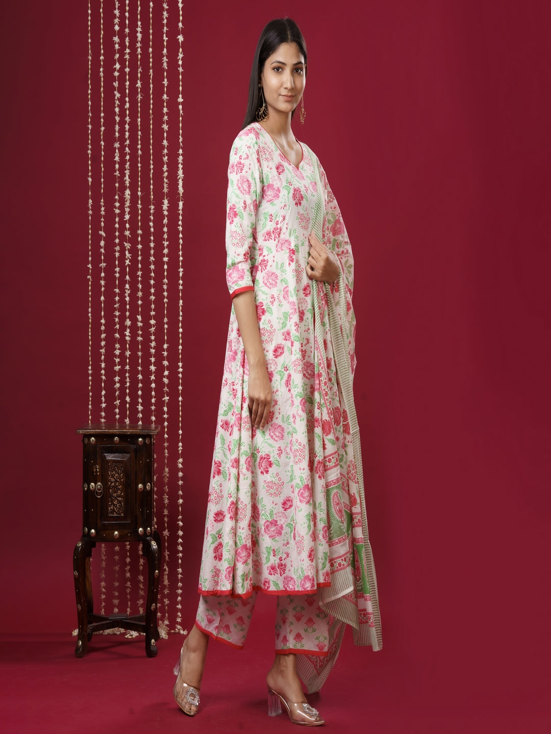 Pure Cotton V Neck 3/4 Sleeve Printed Kurta Set With Dupatta