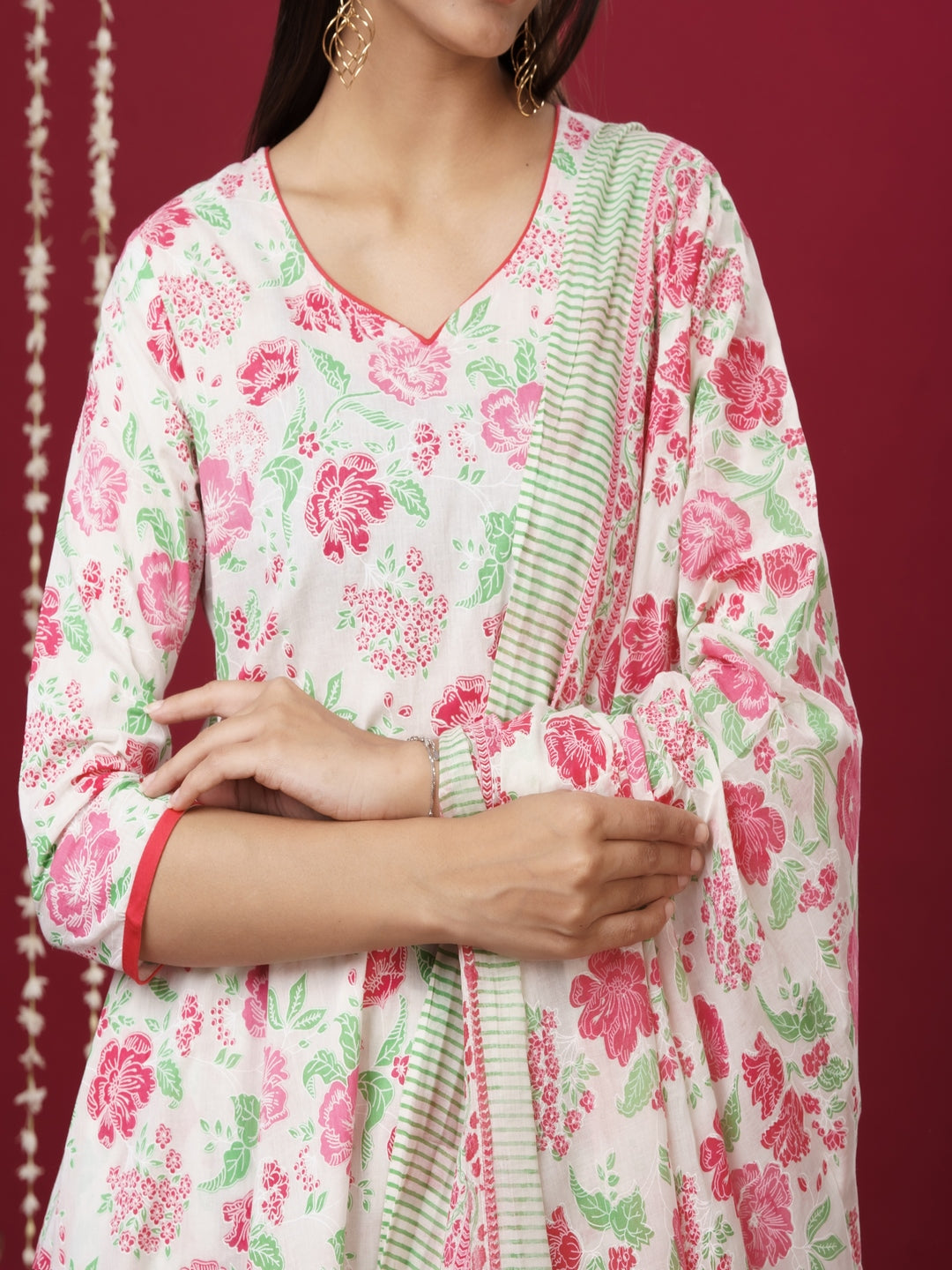 Pure Cotton V Neck 3/4 Sleeve Printed Kurta Set With Dupatta