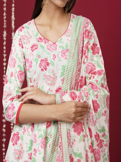 Pure Cotton V Neck 3/4 Sleeve Printed Kurta Set With Dupatta