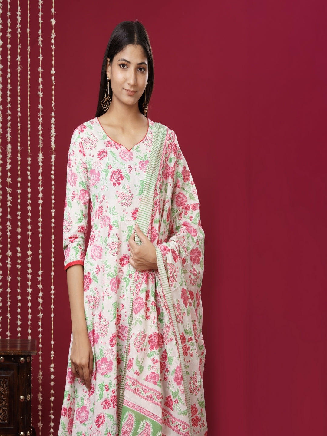 Pure Cotton V Neck 3/4 Sleeve Printed Kurta Set With Dupatta