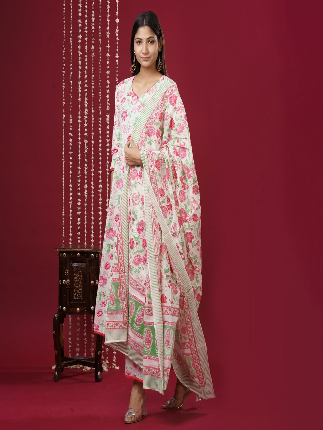 Pure Cotton V Neck 3/4 Sleeve Printed Kurta Set With Dupatta