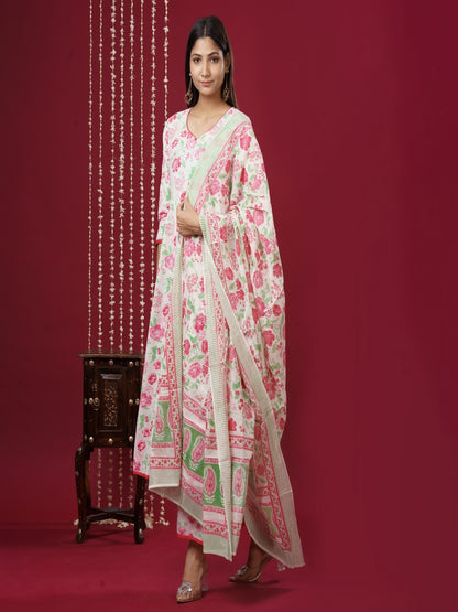 Pure Cotton V Neck 3/4 Sleeve Printed Kurta Set With Dupatta