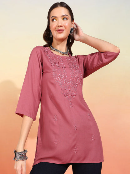 Straight Embroidered Viscose Rayon Tunic