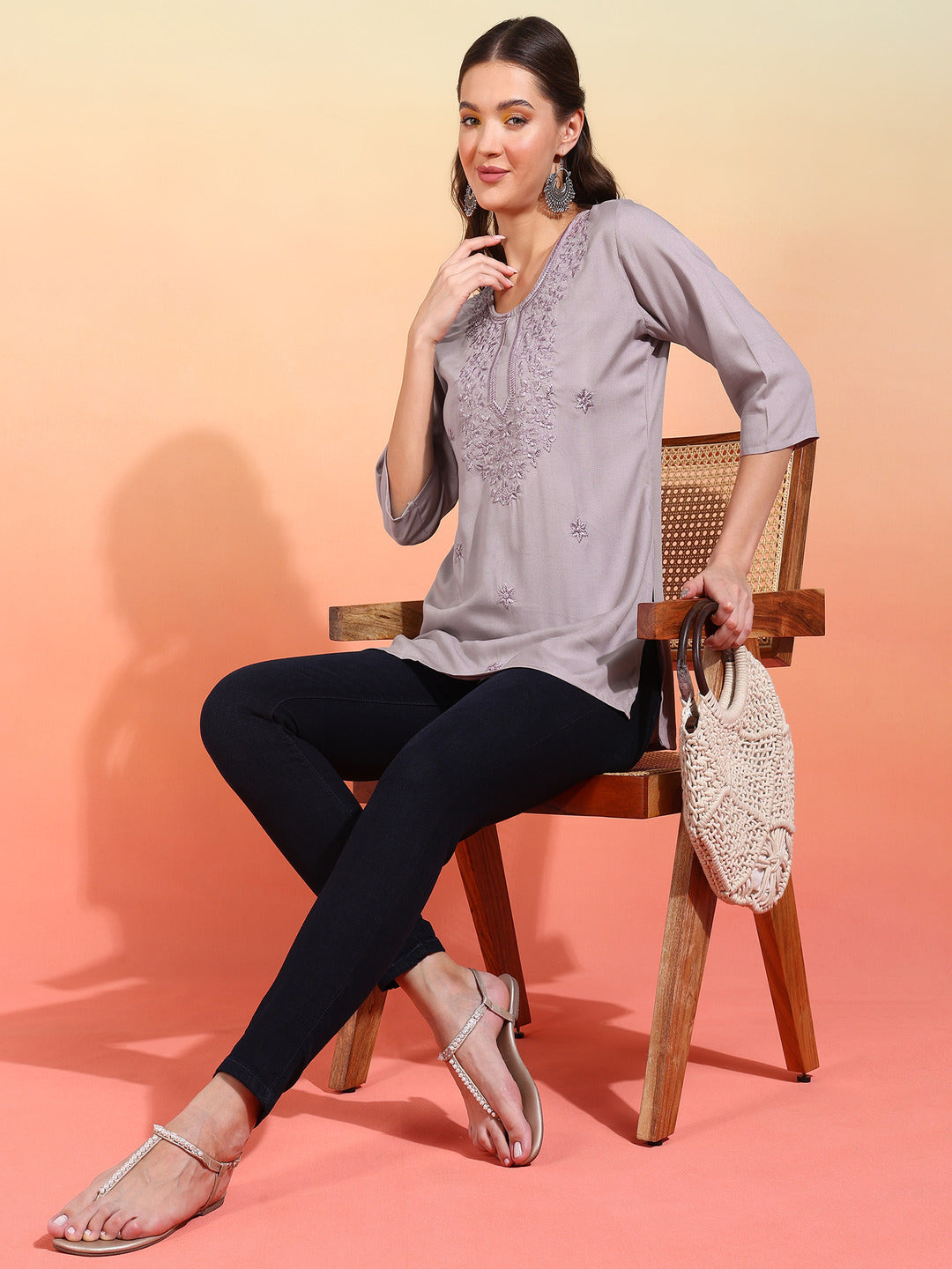Straight Embroidered Viscose Rayon Tunic