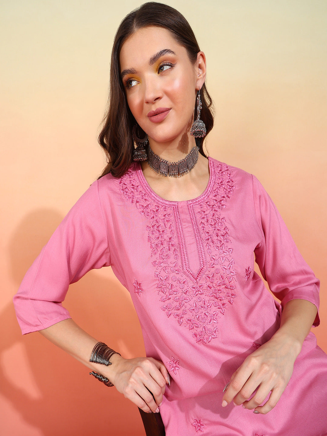 Straight Embroidered Viscose Rayon Tunic