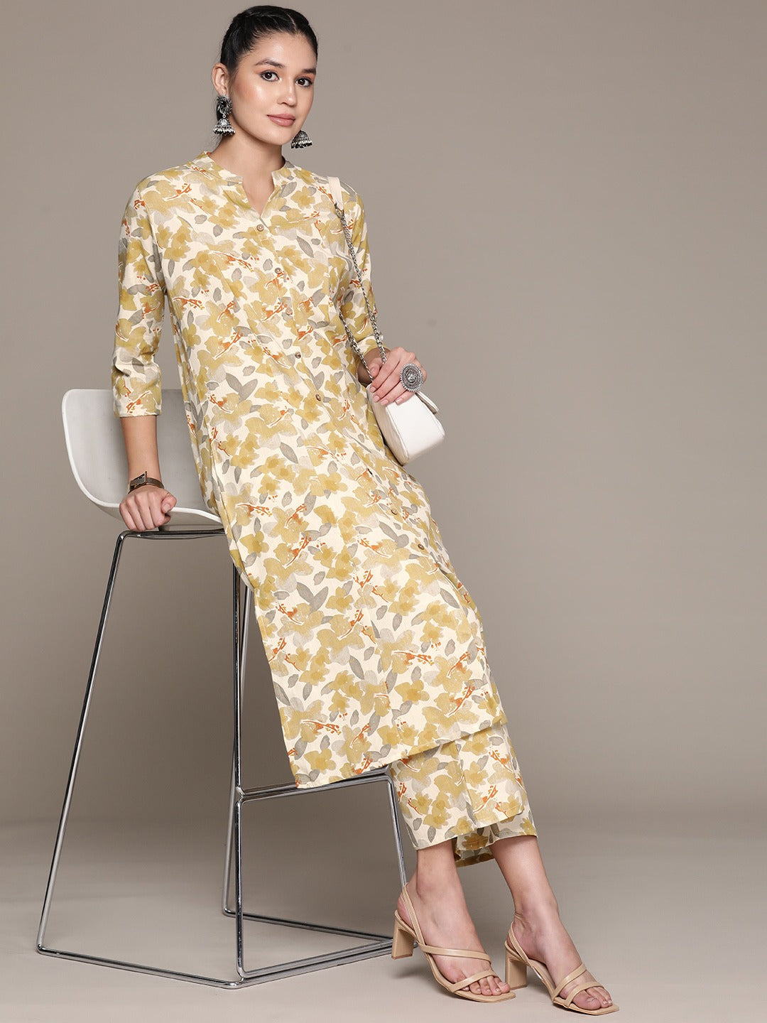 A Line Style Cotton Fabric Beige Color Co-Ord Set