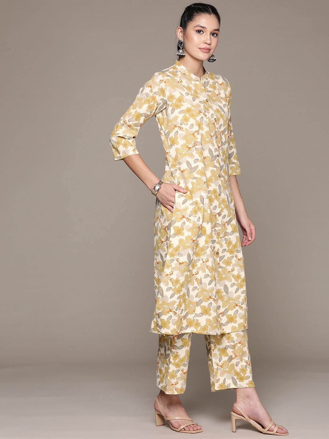 A Line Style Cotton Fabric Beige Color Co-Ord Set