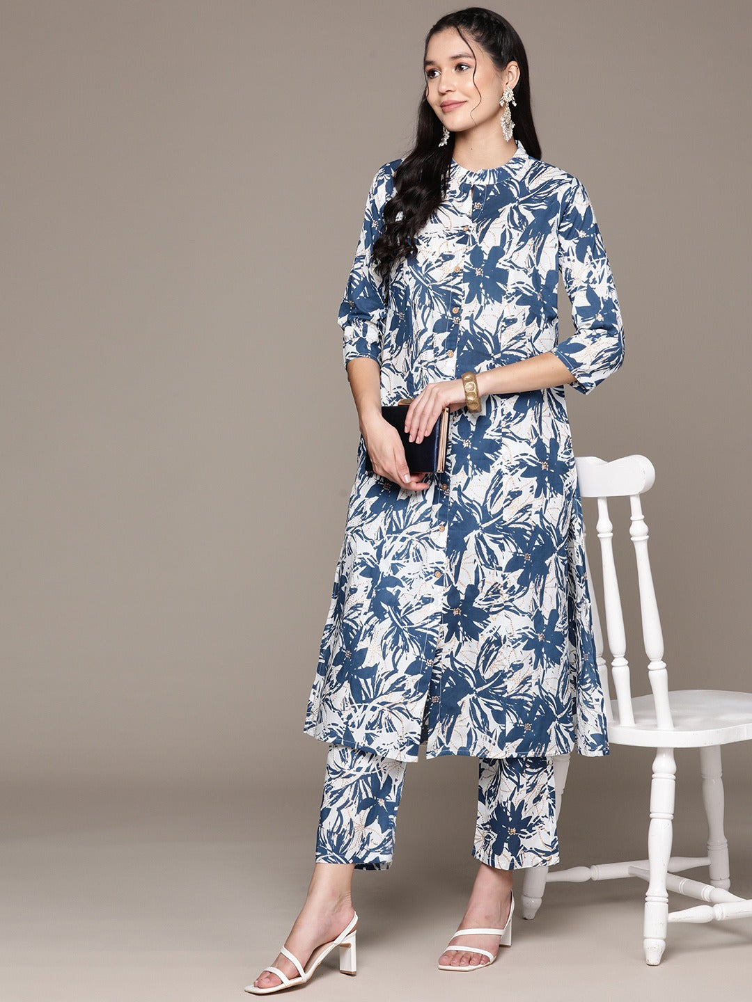 A Line Style Cotton Fabric Blue Color Co-Ord Set