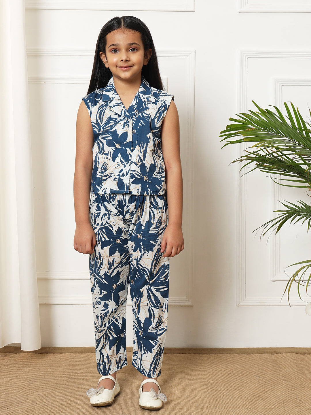Girls Straight style Cotton fabric Blue color Co-ord set