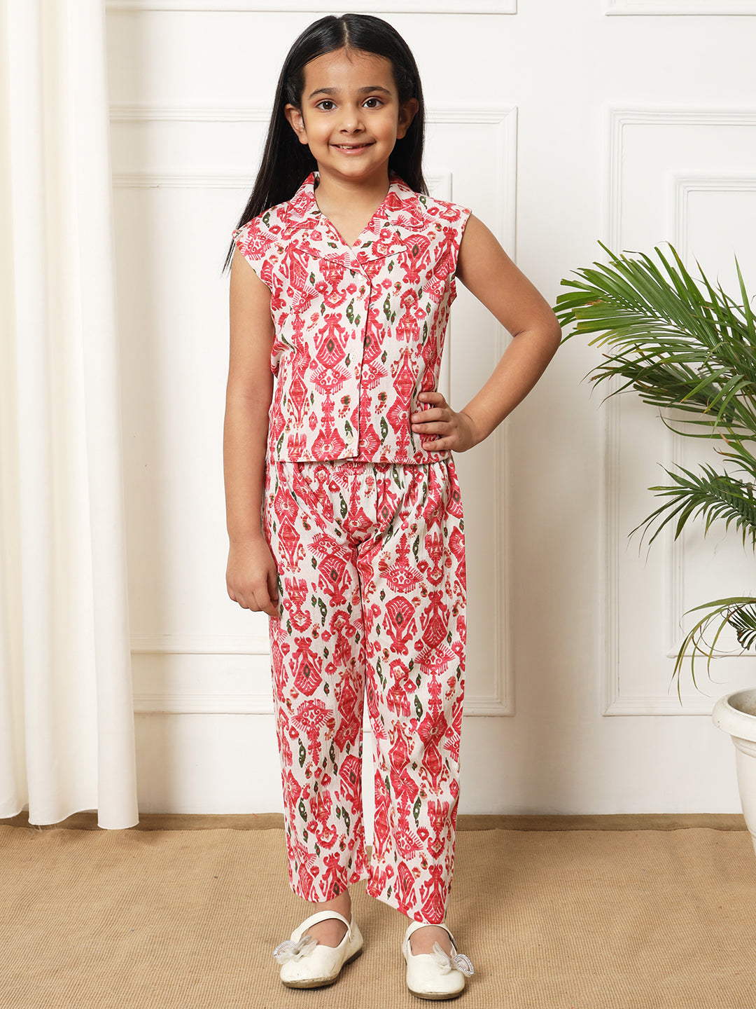Girls Straight style Cotton fabric Red color Co-ord set