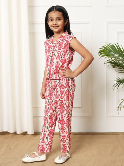 Girls Straight style Cotton fabric Red color Co-ord set