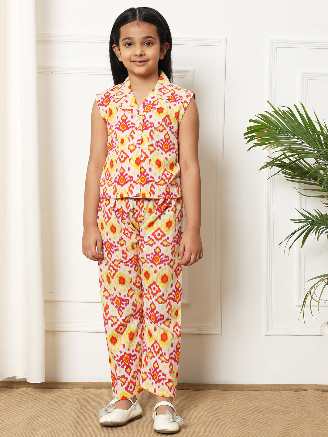 Girls Straight style Cotton fabric Pink color Co-ord set