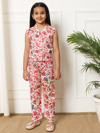 Girls Straight style Cotton fabric Red color Co-ord set