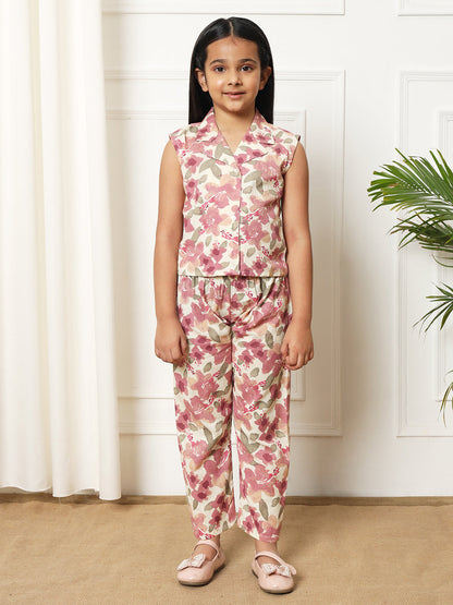 Girls Straight style Cotton fabric Mauve color Co-ord set