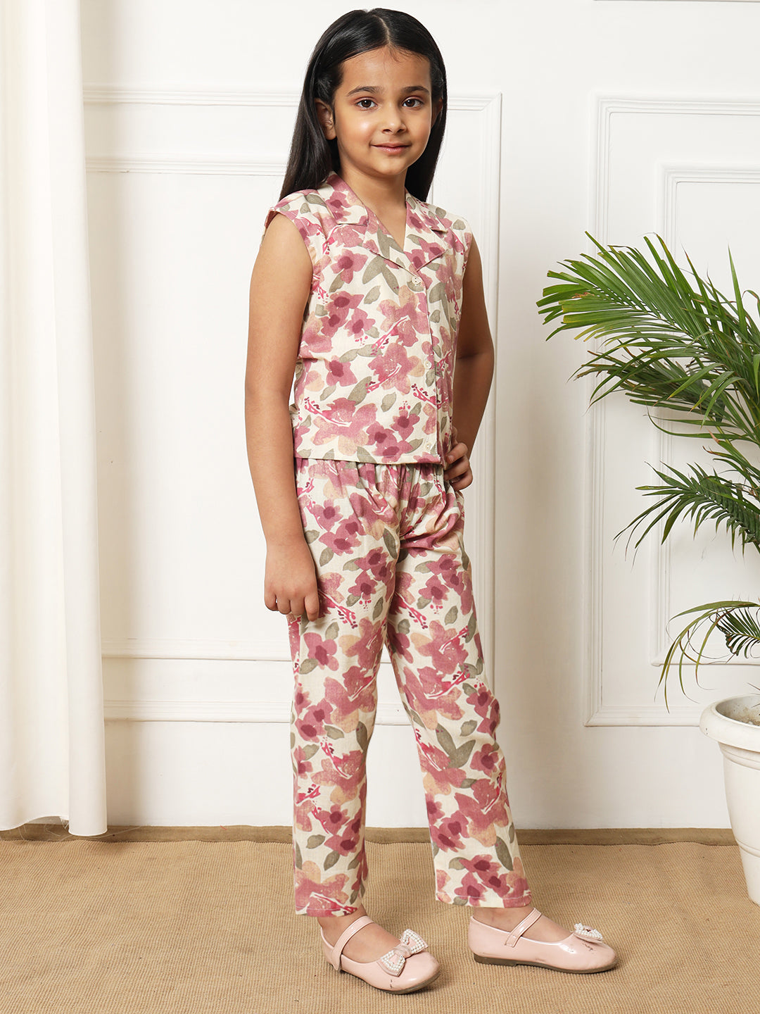 Girls Straight style Cotton fabric Mauve color Co-ord set