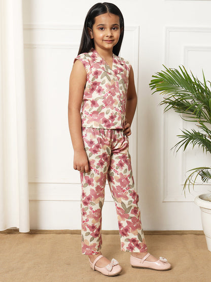 Girls Straight style Cotton fabric Mauve color Co-ord set