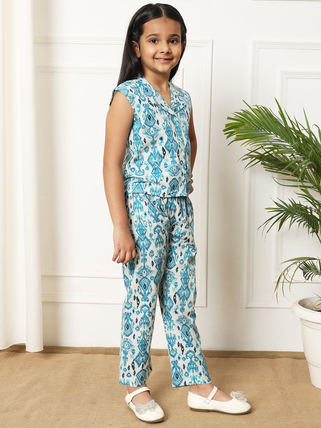 Girls Straight style Cotton fabric Blue color Co-ord set