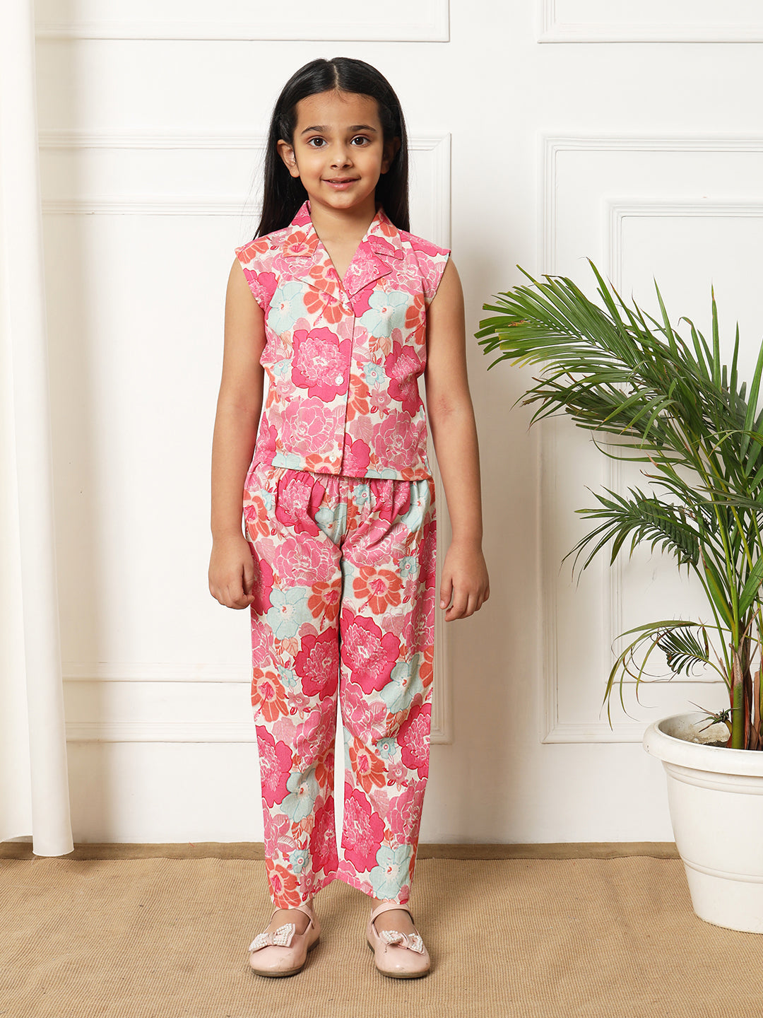 Girls Straight style Cotton fabric Pink color Co-ord set