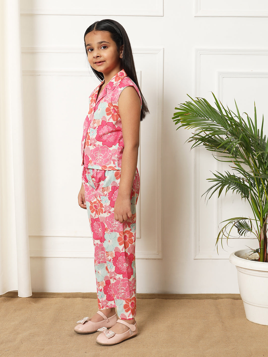 Girls Straight style Cotton fabric Pink color Co-ord set