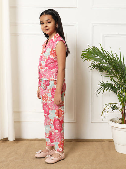 Girls Straight style Cotton fabric Pink color Co-ord set