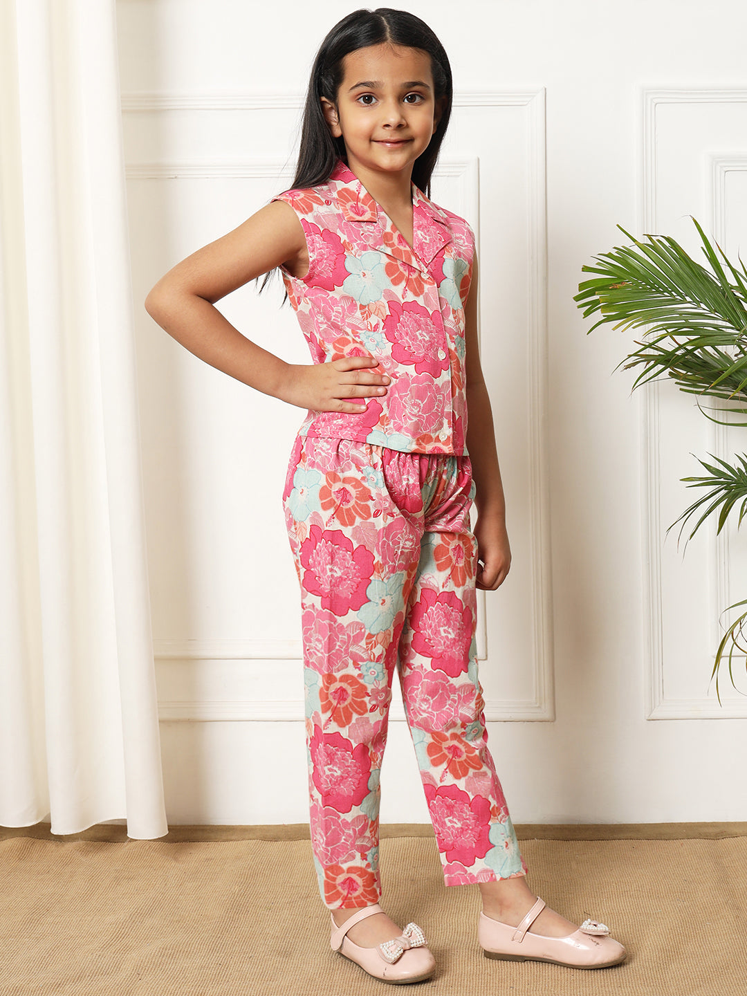 Girls Straight style Cotton fabric Pink color Co-ord set