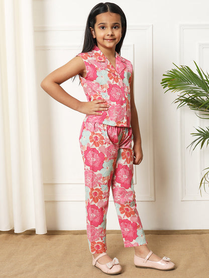 Girls Straight style Cotton fabric Pink color Co-ord set