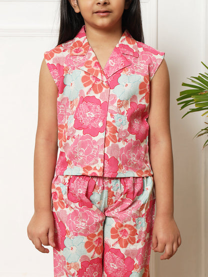 Girls Straight style Cotton fabric Pink color Co-ord set