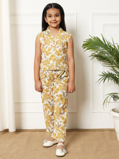 Girls Straight style Cotton fabric Beige color Co-ord set